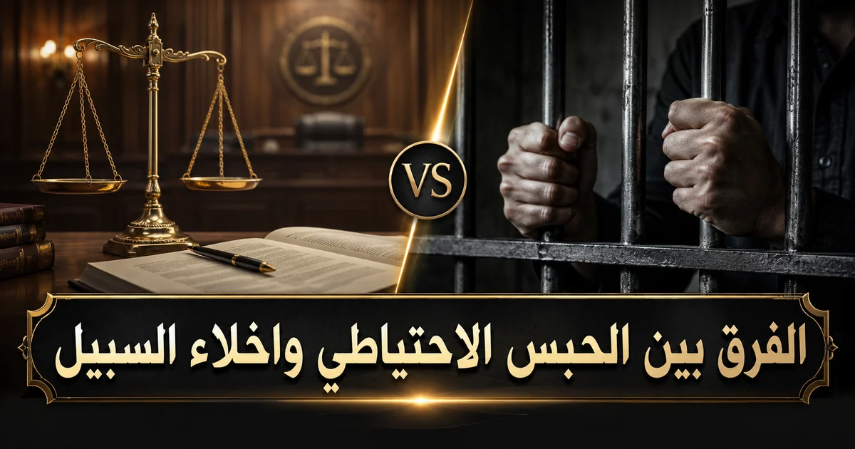 الفرق بين الحبس الاحتياطي واخلاء السبيل في القانون المصري مع ميزان العدالة وشخص خلف القضبان