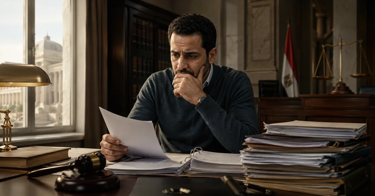 رجل يجلس داخل مكتب قانوني ويمسك أوراق حكم جنحة بملامح قلق، وأمامه ملفات وقاضٍ ومطرقة عدالة، في مشهد يعبر عن استئناف حكم جنحة والبحث عن الإجراء القانوني الصحيح.
