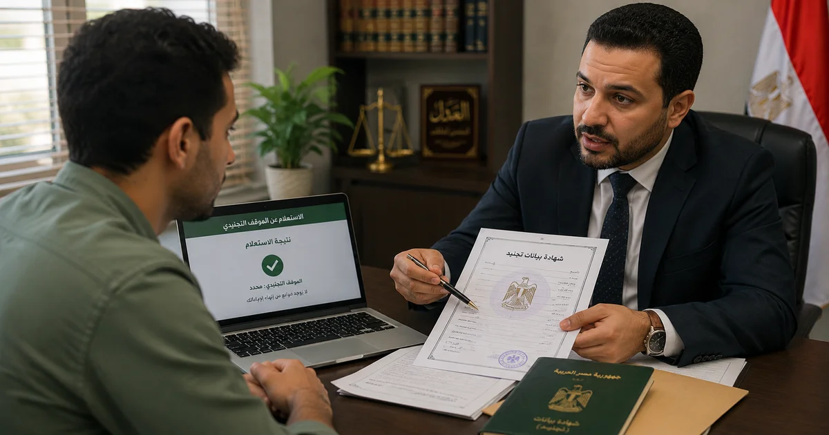 محامٍ يراجع شهادة بيانات تجنيد مع شاب لفهمما معنى نتيجة الاستعلام التجنيدي والإجراءات المطلوبة.