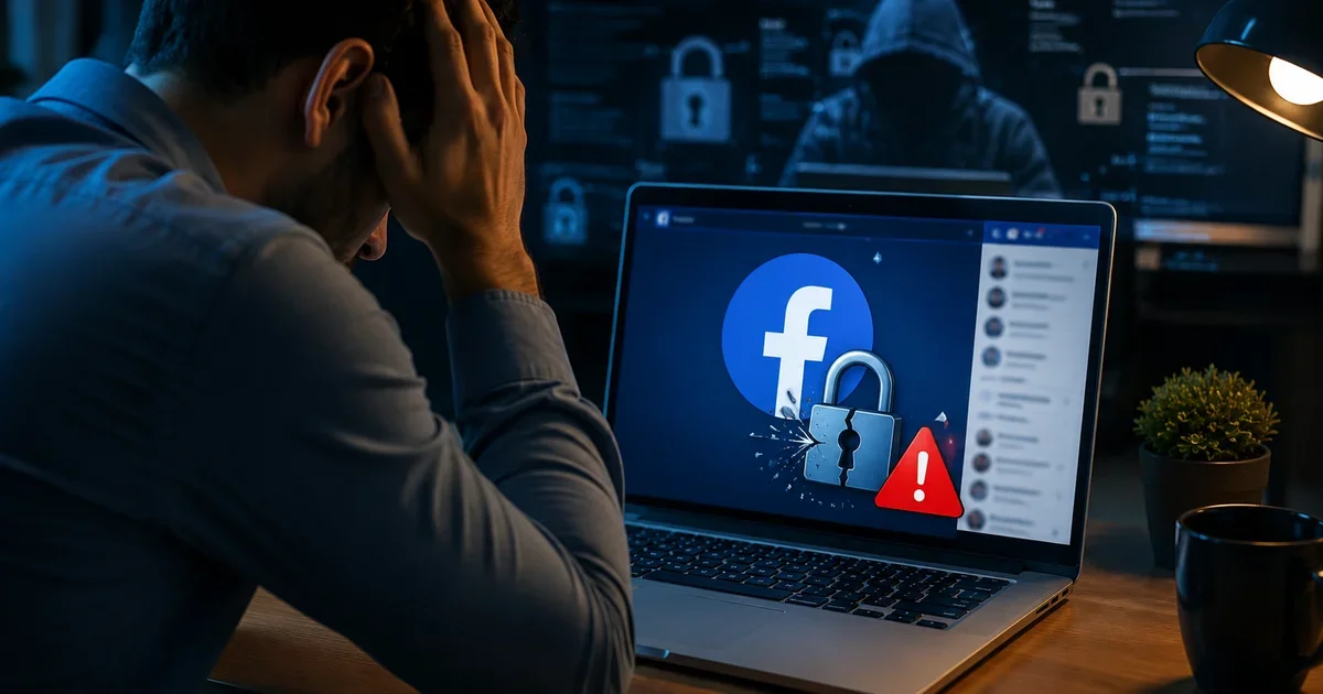 اختراق حساب فيسبوك وسرقة البيانات الشخصية مع ظهور تحذير أمني على اللابتوب وشخص يبحث عن خطوات استرجاع الحساب وتقديم بلاغ مباحث الإنترنت.