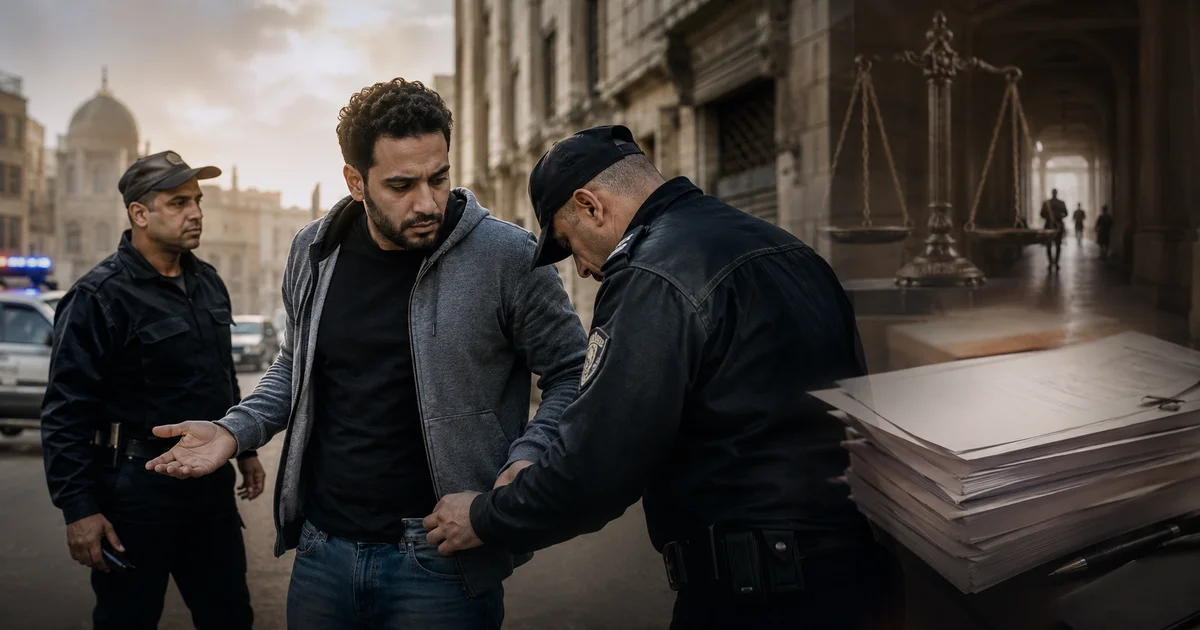 تفتيش شخص في الشارع بواسطة رجال شرطة مع خلفية رمزية للعدالة ضمن موضوع القبض والتفتيش غير القانوني وبطلان إجراءات الضبط في القانون المصري.