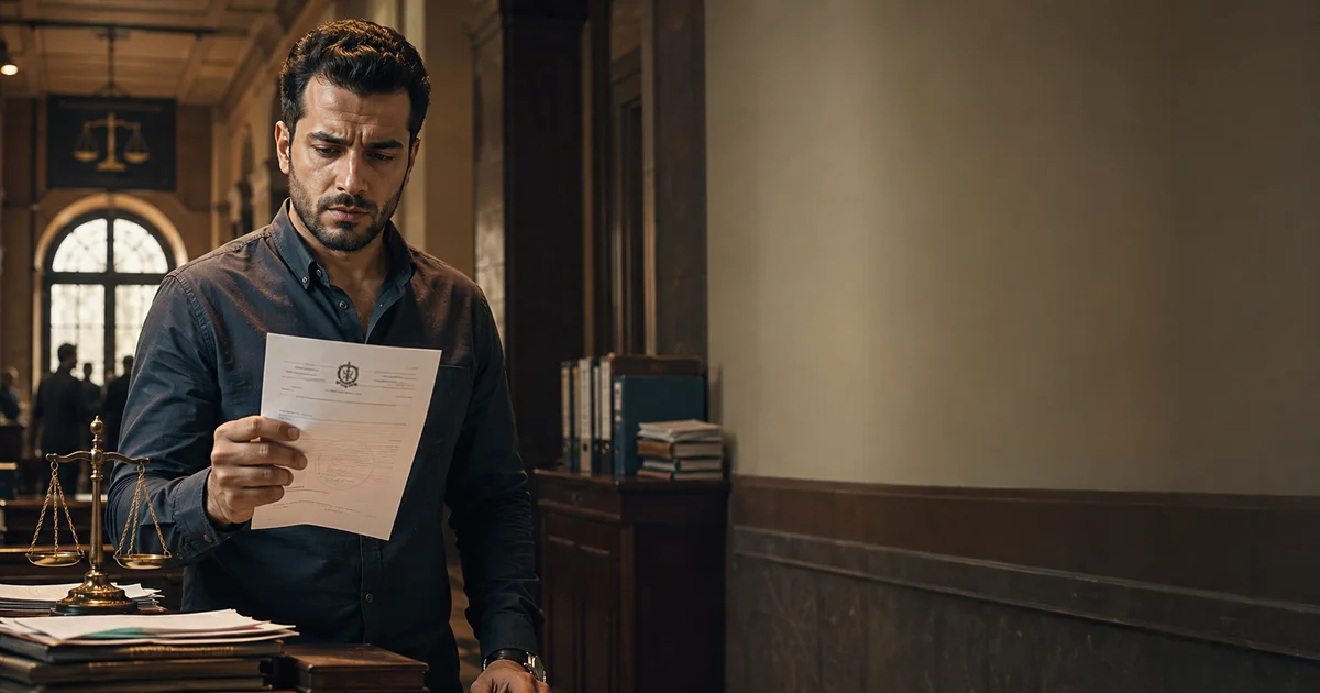 شخص يقرأ طلب استدعاء من النيابة داخل مكان قانوني مع ميزان العدالة استعدادًا للحضور والتحقيق أمام النيابة العامة.
