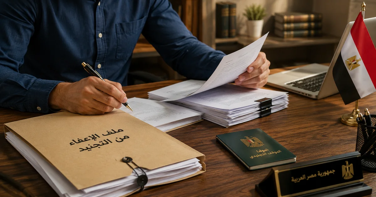 مكتب قانوني يحتوي على ملفات وأوراق رسمية وميزان عدالة وقبعة عسكرية أثناء مراجعة مستندات خاصة برفض طلب الإعفاء من التجنيد.