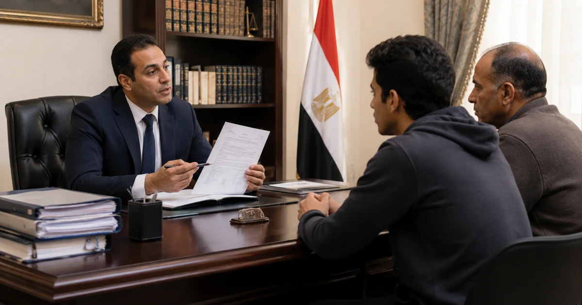 محام يشرح لشاب ووالده الإجراءات القانونية ماذا تفعل إذا رُفض طلب الإعفاء من التجنيد؟ داخل مكتب قانوني وبحضور مستندات رسمية وملفات قضية.