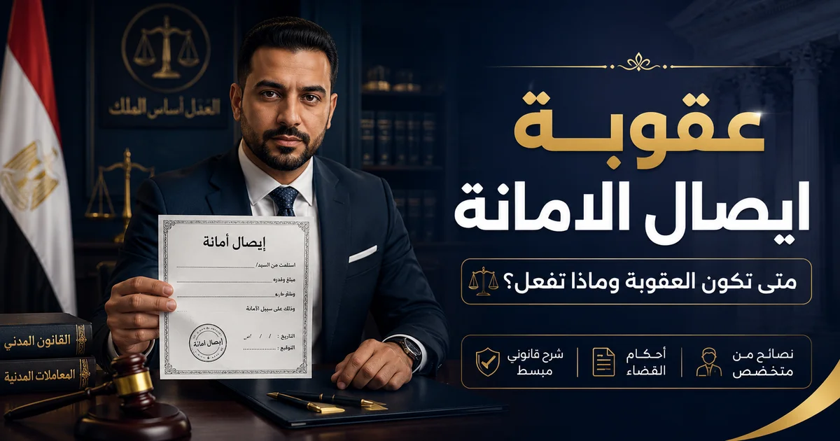عقوبة ايصال الامانة ومتى تكون العقوبة مع محامٍ يعرض إيصال أمانة داخل مكتب قانوني وخلفية عدالة مصرية.