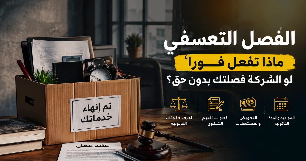 الفصل التعسفي في مصر مع صندوق متعلقاته وعقد عمل على مكتب يوضح ماذا تفعل فورًا لو الشركة فصلتك بدون حق وخطوات تقديم الشكوى.