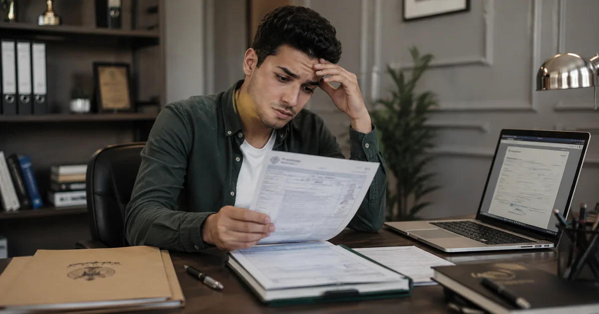 شاب يراجع أوراق التجنيد بقلق داخل مكتب قانوني لمعرفة متى تحتاج محاميًا في مسائل التجنيد.