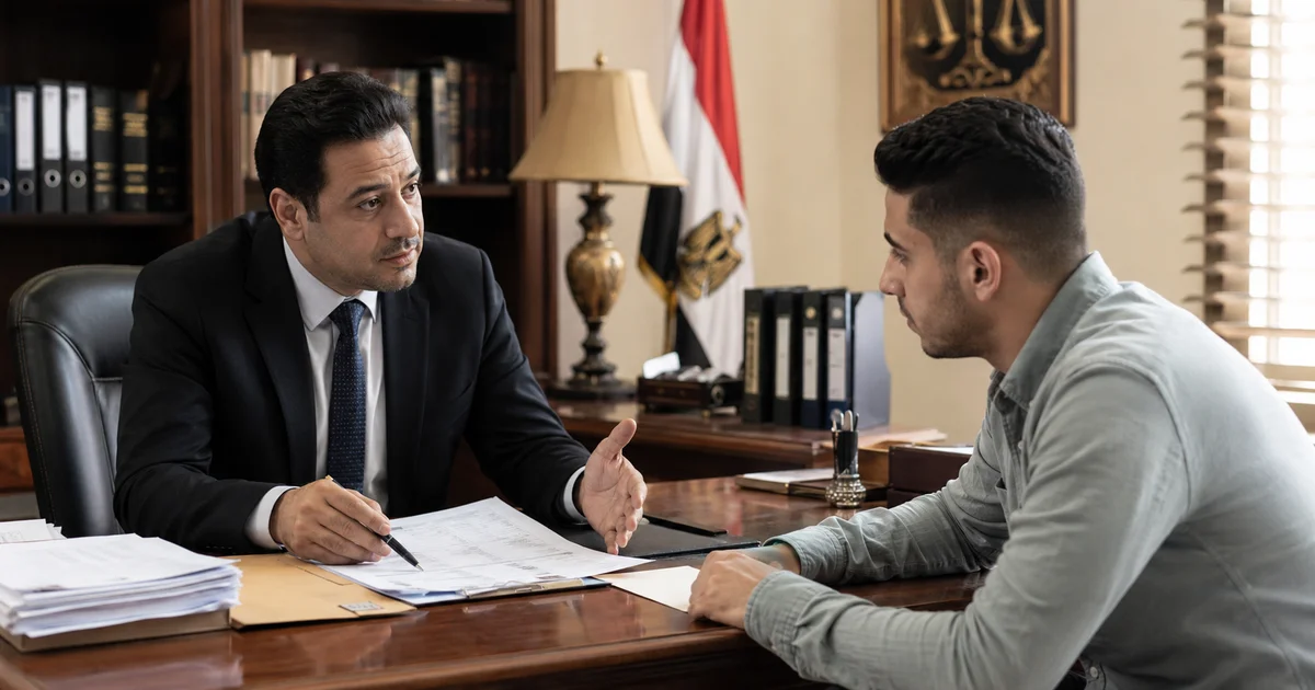 محامٍ يشرح لشاب الإجراءات القانونية الخاصة بمسائل التجنيد داخل مكتب محاماة.