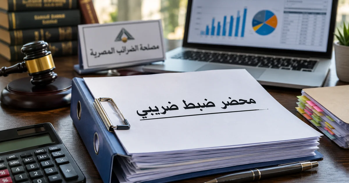 ملف محضر ضبط ضريبي على مكتب قانوني بجوار حاسبة ومطرقة قاضٍ وشاشة تعرض بيانات مالية توضح التعامل مع النزاعات الضريبية.