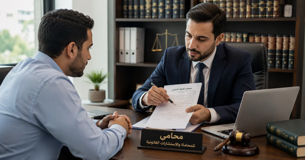 محامٍ يشرح لعميل تفاصيل محضر ضبط ضريبي داخل مكتب محاماة لمراجعة المستندات وتحديد الموقف القانوني والضريبي.