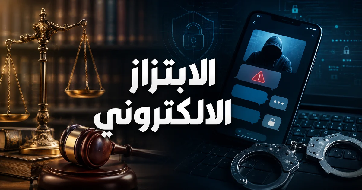 الابتزاز الالكتروني في مصر مع ميزان العدالة ومطرقة المحكمة وهاتف يعرض تهديدًا إلكترونيًا وقيودًا على لوحة مفاتيح للدلالة على جرائم الإنترنت
