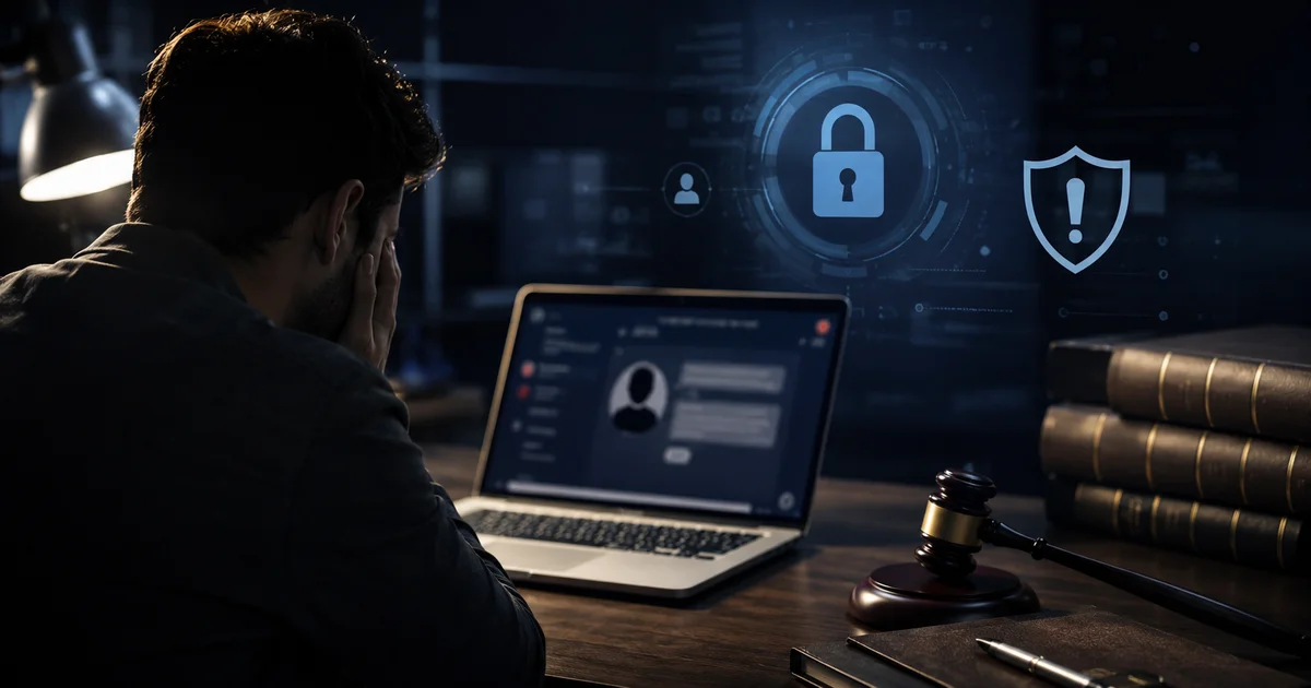 شخص يتعرض لتهديد إلكتروني أمام لابتوب مع رموز حماية قانونية توضح عقوبة الابتزاز الالكتروني في مصر وطرق التعامل مع البلاغ.