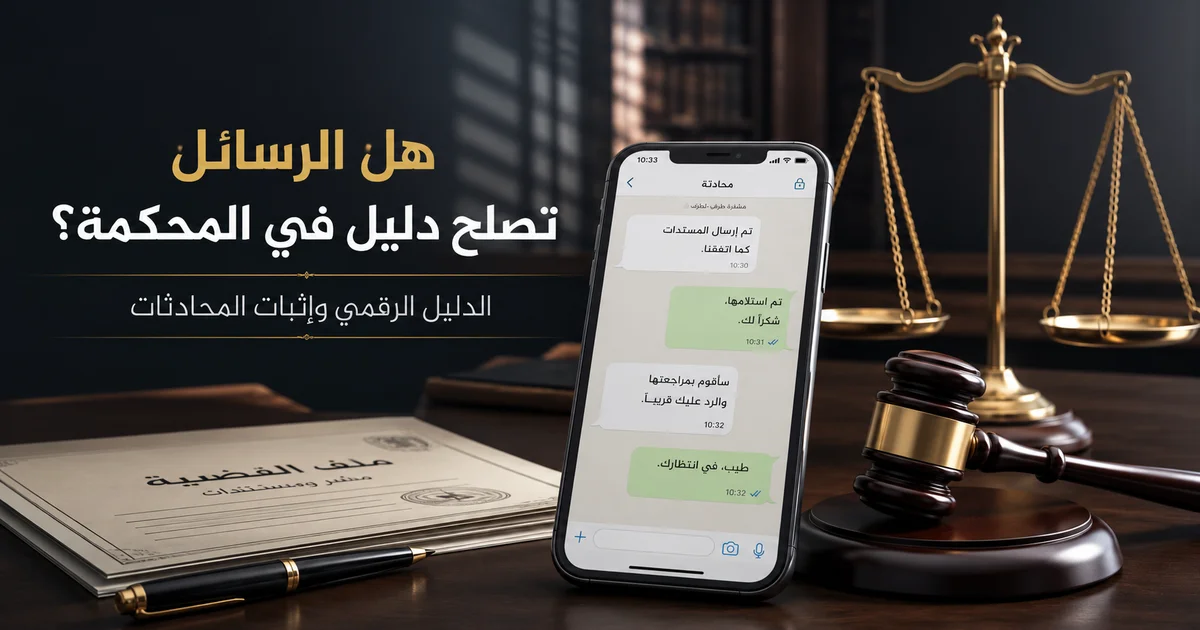 هل الرسائل تصلح دليل في المحكمة مع هاتف يعرض محادثات رقمية بجانب ميزان العدالة ومطرقة القاضي وملف قضية للدلالة على إثبات الرسائل أمام القضاء.