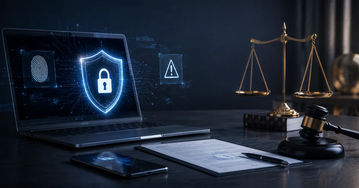 صورة توضح بلاغ جرائم الكترونية في مصر من خلال لابتوب عليه رمز حماية وقفل رقمي مع ميزان العدالة ومطرقة المحكمة للدلالة على توثيق الأدلة الإلكترونية واتخاذ الإجراءات القانونية.