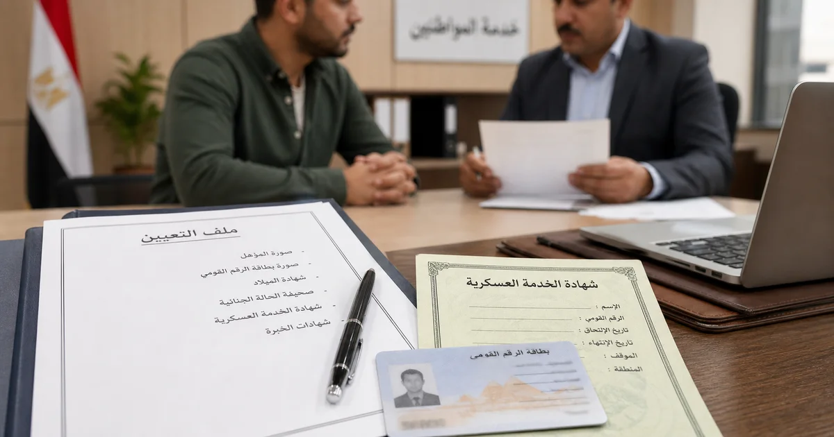 ملف التعيين الحكومي وشهادة الخدمة العسكرية وبطاقة الرقم القومي لتوضيح اشتراط الموقف التجنيدي عند التوظيف الحكومي.