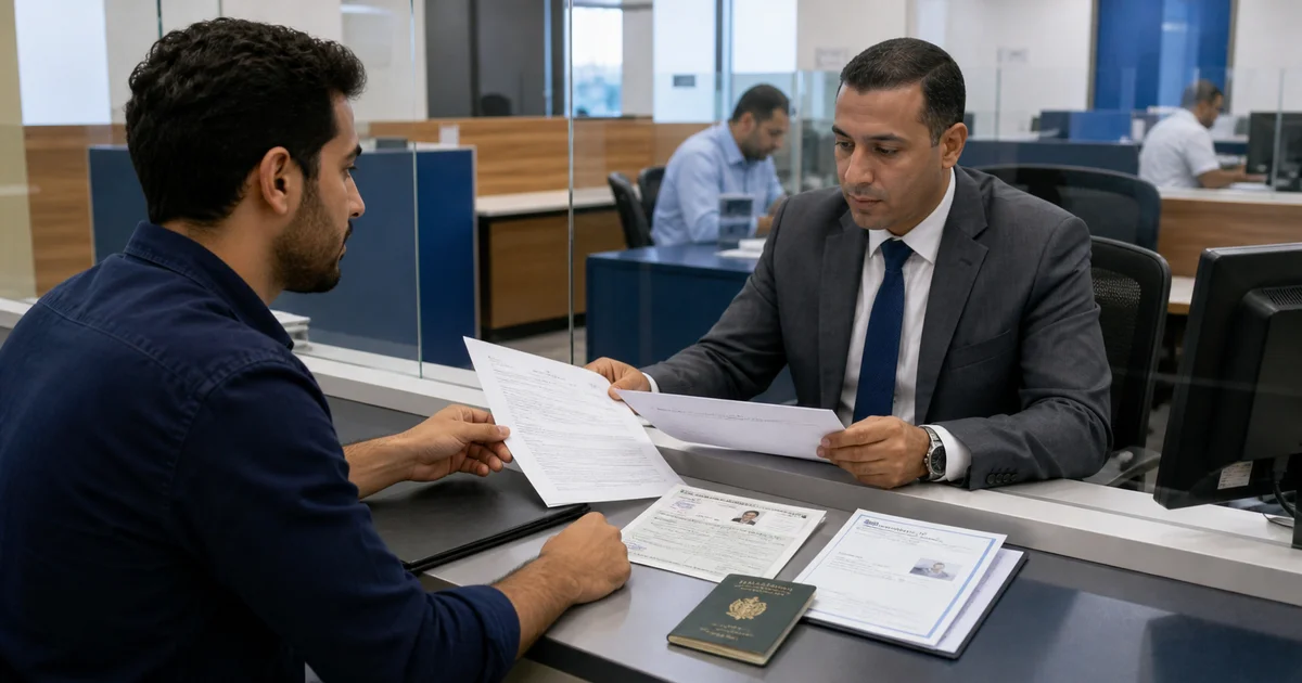 مواطن يقدم مستندات تصريح العمل والموقف التجنيدي لموظف مختص داخل جهة إدارية.