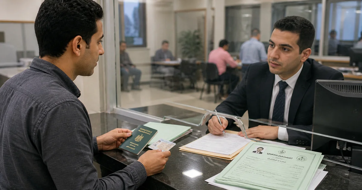 شاب يقدم جواز سفر وبطاقة رقم قومي أمام موظف حكومي أثناء مراجعة أوراق الموقف التجنيدي لاستخراج جواز السفر.