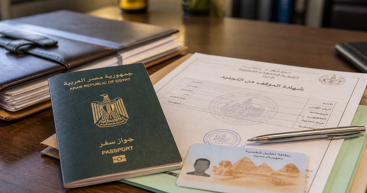 جواز سفر مصري بجانب مستندات رسمية خاصة بالموقف التجنيدي ضمن إجراءات استخراج أو تجديد جواز السفر.