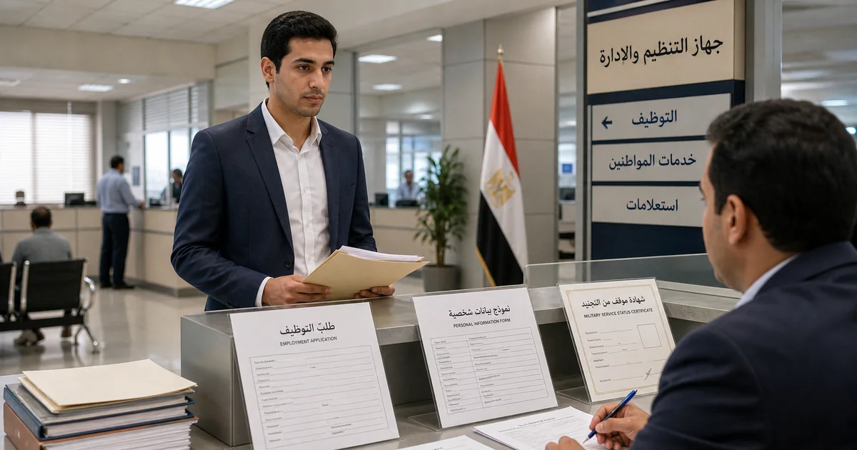 شاب يقدم أوراق التعيين في جهة حكومية مع شهادة الموقف التجنيدي ضمن مسوغات التعيين المطلوبة.