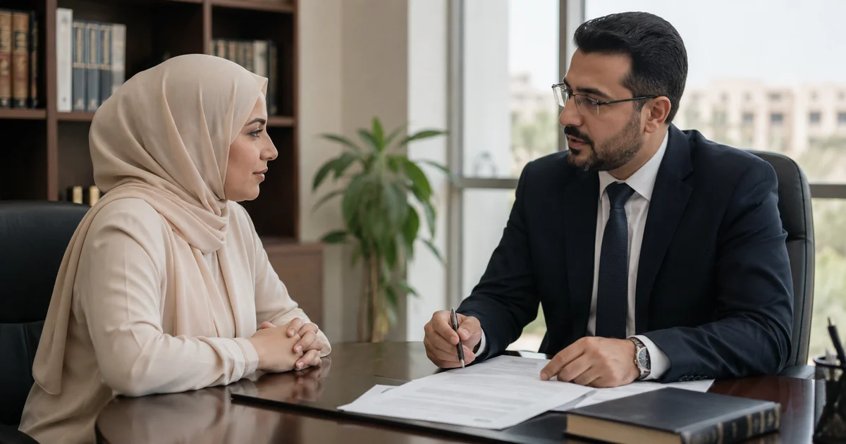 زوجان يراجعان مستندات إثبات الزواج العرفي مع محامي متخصص في قضايا الأسرة داخل مكتب قانوني.