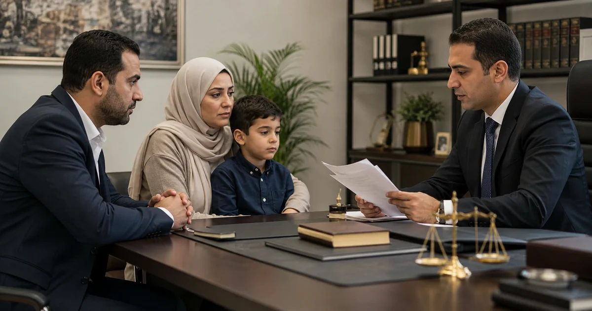 أسرة تجلس مع محامٍ لمراجعة مستندات دعوى إسقاط الحضانة ومصلحة الطفل أمام محكمة الأسرة.