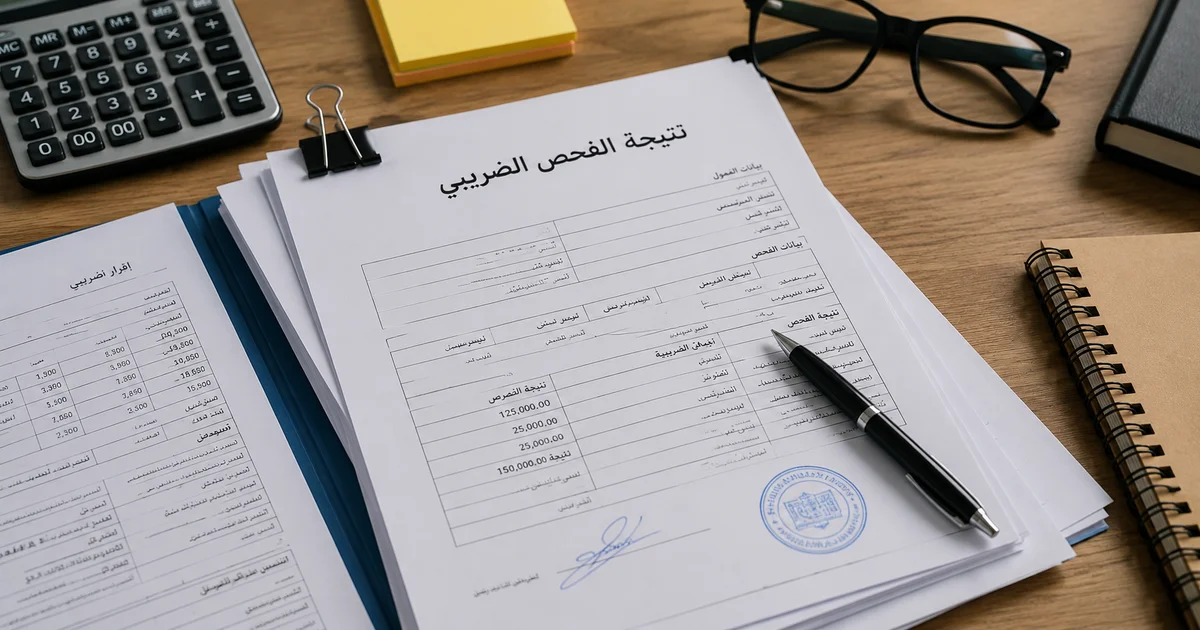 أوراق ومستندات نتيجة الفحص الضريبي مع آلة حاسبة وقلم لتجهيز اعتراض ضريبي قانوني.