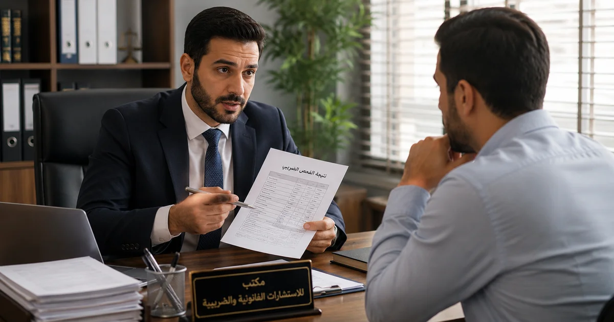 محامٍ يناقش مع عميل نتيجة الفحص الضريبي وطرق الاعتراض القانوني على المطالبة الضريبية.