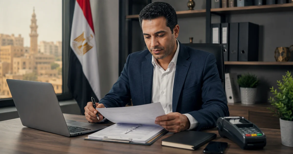 صاحب شركة يراجع أوراق التسجيل في الإيصال الإلكتروني أمام لابتوب وجهاز دفع إلكتروني داخل مكتب حديث.