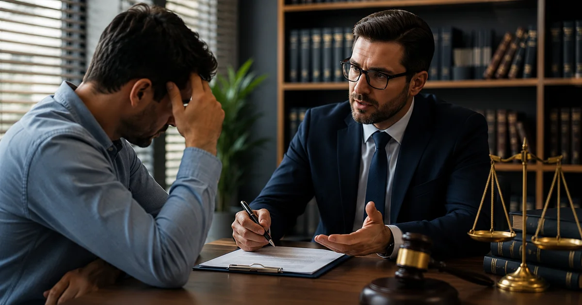 شخص يجلس مع محامٍ جنائي لمناقشة محضر كيدي وكيفية إثبات كيدية الاتهام قانونيًا.