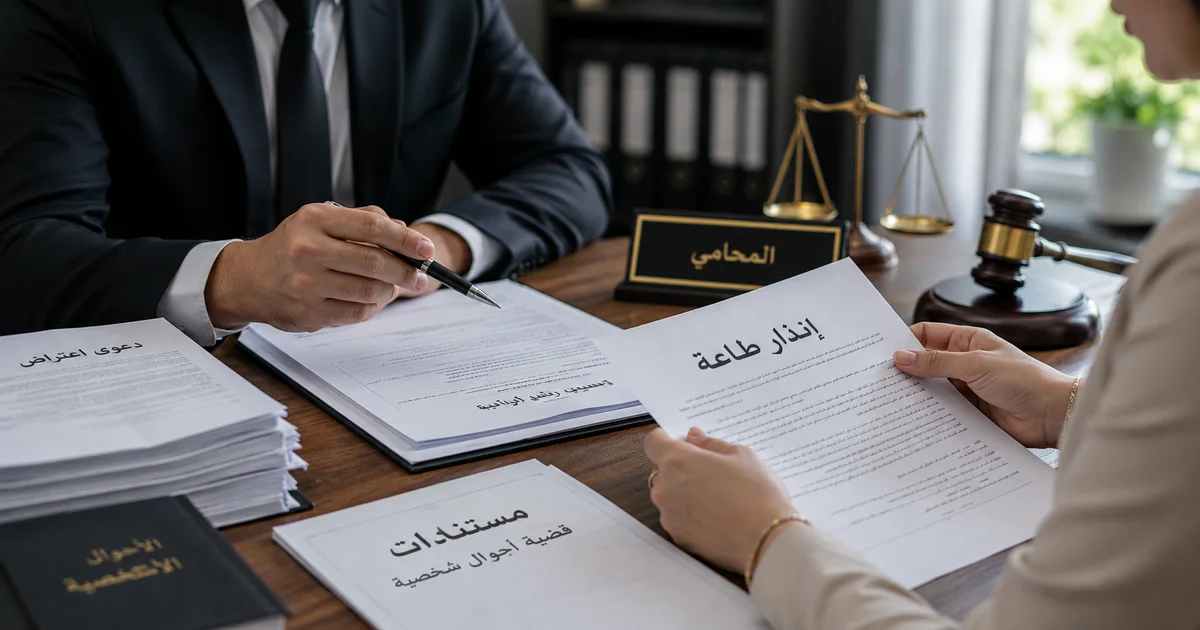 مستندات إنذار طاعة ودعوى اعتراض أمام محكمة الأسرة توضح أهمية فحص الأوراق القانونية قبل إثبات النشوز أو وقف نفقة الزوجة.