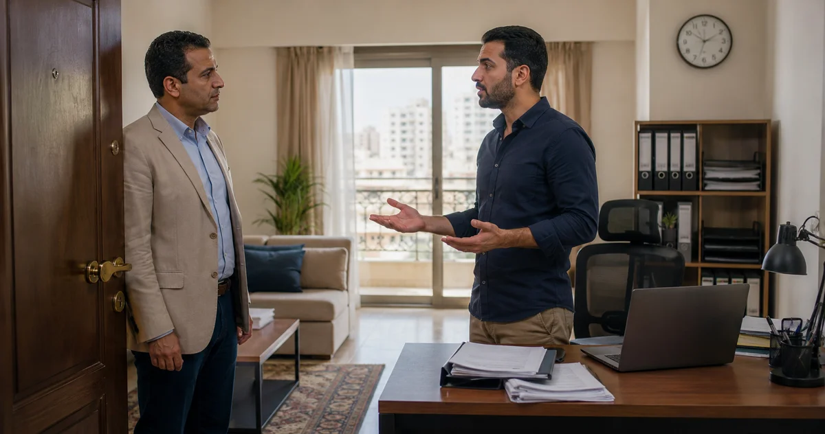 مالك يناقش المستأجر داخل شقة مؤجرة تم استخدامها كمكتب إداري بدلًا من السكن في نزاع حول تغيير استعمال العين المؤجرة.