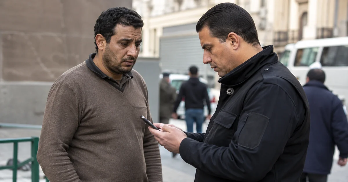 شخص قلق أثناء فحص هاتفه في موقف تفتيش بالشارع يوضح خطورة تفتيش الهاتف بدون إذن.