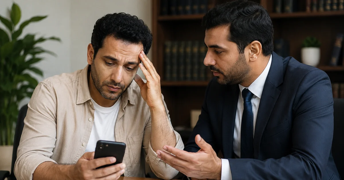 شخص يحمل هاتفه بقلق أثناء استشارة قانونية حول بطلان تفتيش الهاتف بدون إذن.