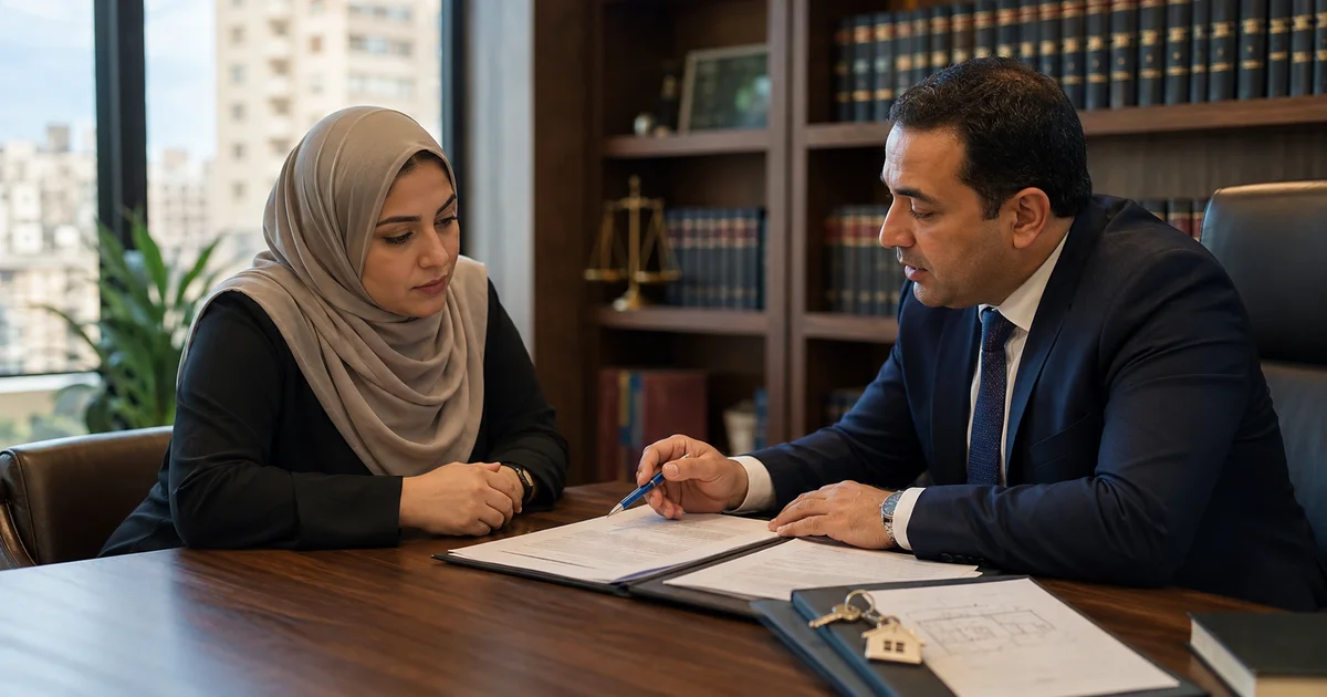 محامي أحوال شخصية يشرح لسيدة إجراءات تمكين الزوجة من مسكن الزوجية داخل مكتب قانوني.