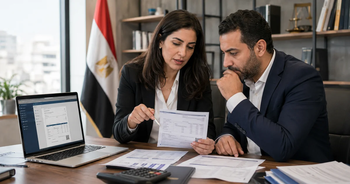 مستشارة قانونية تشرح مستندات الفاتورة الإلكترونية لعميل داخل مكتب في مصر.