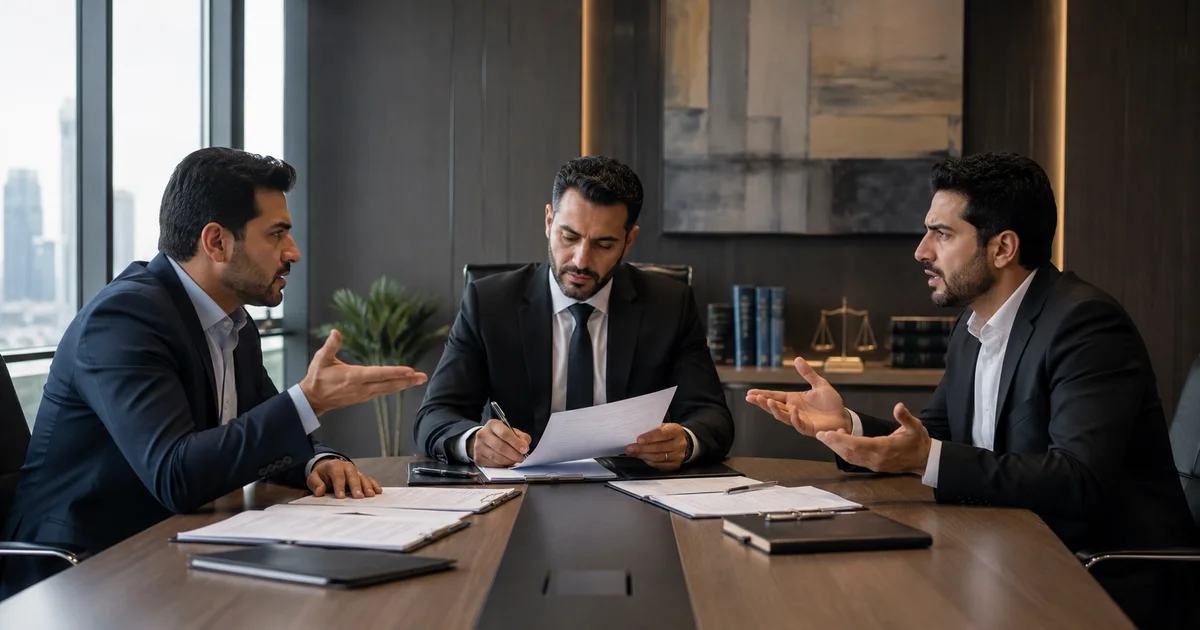 نزاع بين شركاء أثناء مناقشة فسخ عقد شراكة ومراجعة المستندات مع محامٍ متخصص