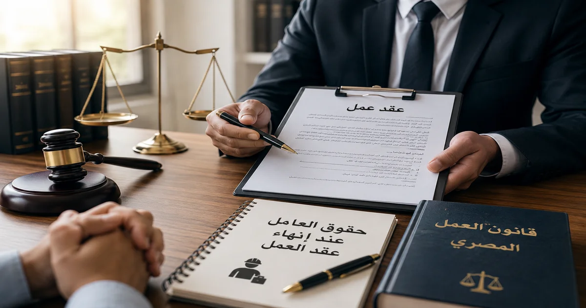 حقوق العامل عند انهاء عقد العمل مع محامٍ يراجع عقد عمل ومستندات قانونية لتوضيح المستحقات قبل توقيع المخالصة