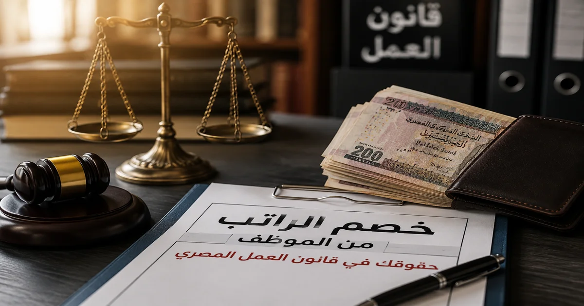 خصم الراتب من الموظف في قانون العمل المصري مع ميزان العدالة وأموال مصرية توضح حقوق العامل عند خصم المرتب بدون حق