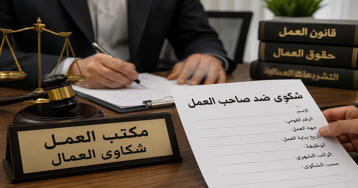 تقديم شكوى مكتب العمل ضد صاحب العمل لحفظ حقوق العامل في الراتب والمستحقات والتأمينات مع نموذج شكوى عمالية.