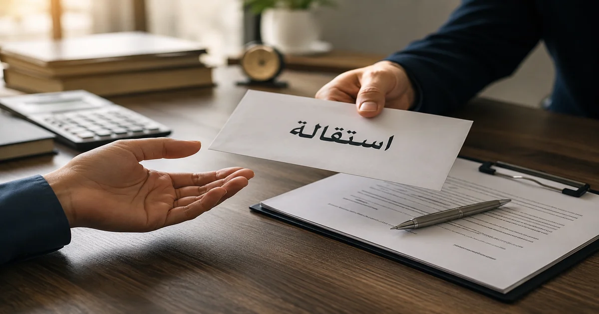 ورقة استقالة تُسلَّم داخل مكتب عمل للتعبير عن الإجبار على الاستقالة وحقوق العامل عند التعرض لضغط لتوقيع الاستقالة