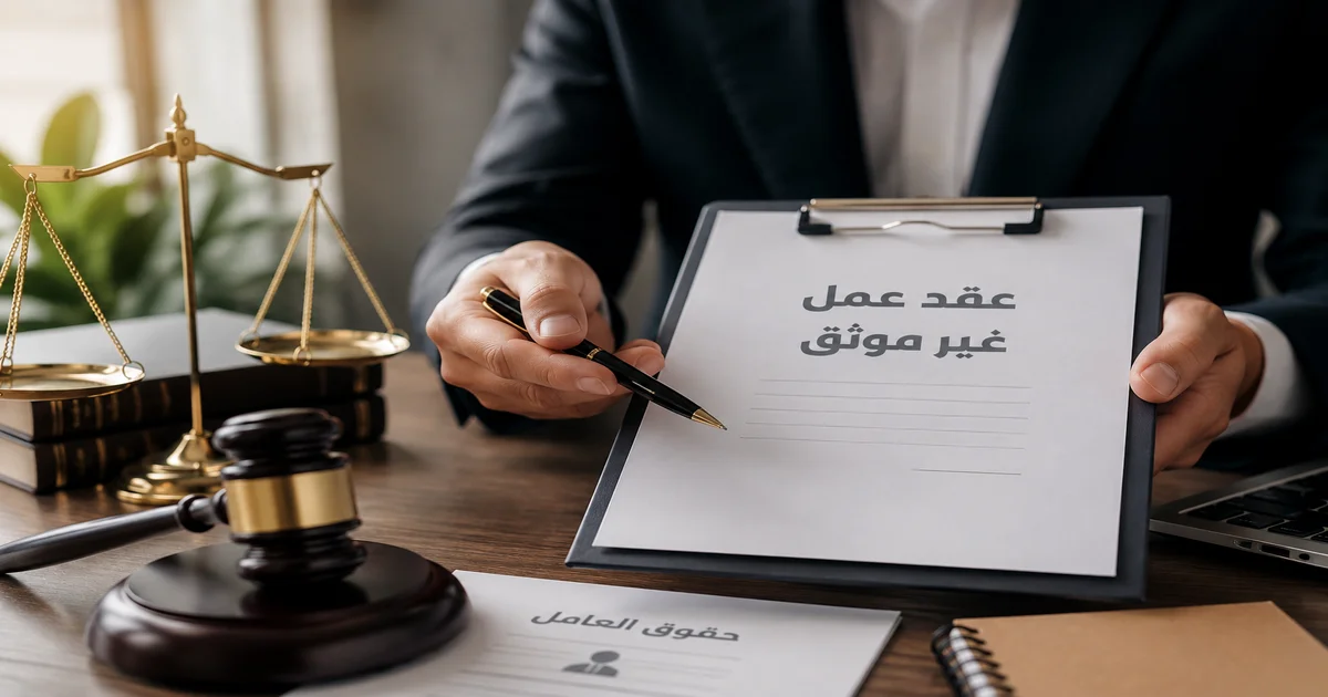 عقد عمل غير موثق مع ميزان العدالة ومطرقة قانونية يوضح حقوق العامل عند عدم توثيق عقد العمل في مصر
