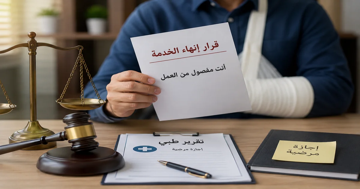 فصل العامل اثناء الاجازة المرضية وقرار إنهاء الخدمة مع تقرير طبي يثبت حق العامل قانونيًا