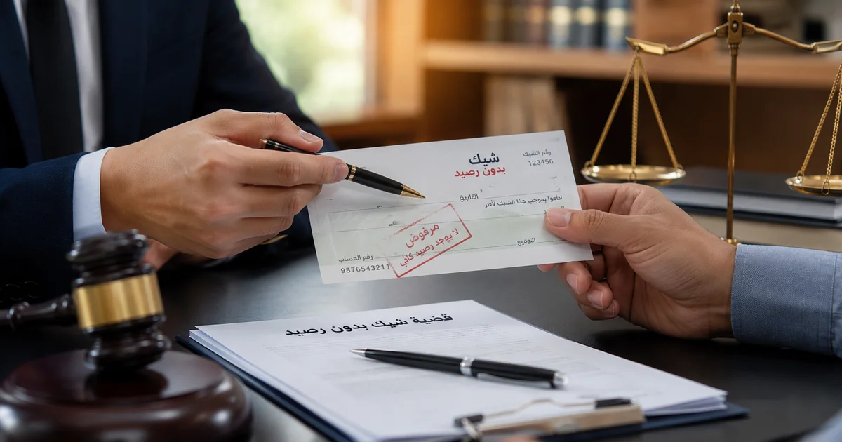 مراجعة قانونية لشيك بدون رصيد مرفوض بين محامٍ وعميل قبل اتخاذ إجراءات جنحة الشيك في مصر.