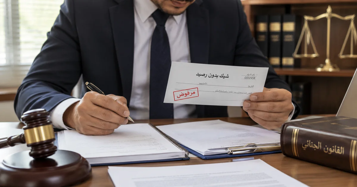 محامٍ يراجع شيك بدون رصيد مرفوض داخل مكتبه ضمن ملف جنحة شيك بعد التعديلات في مصر.