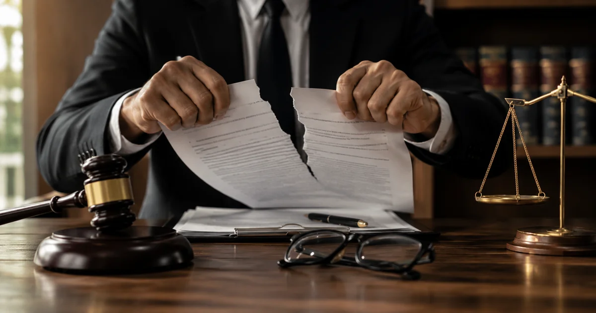 تمزيق عقد متنازع عليه بجوار ميزان العدالة ومطرقة القاضي