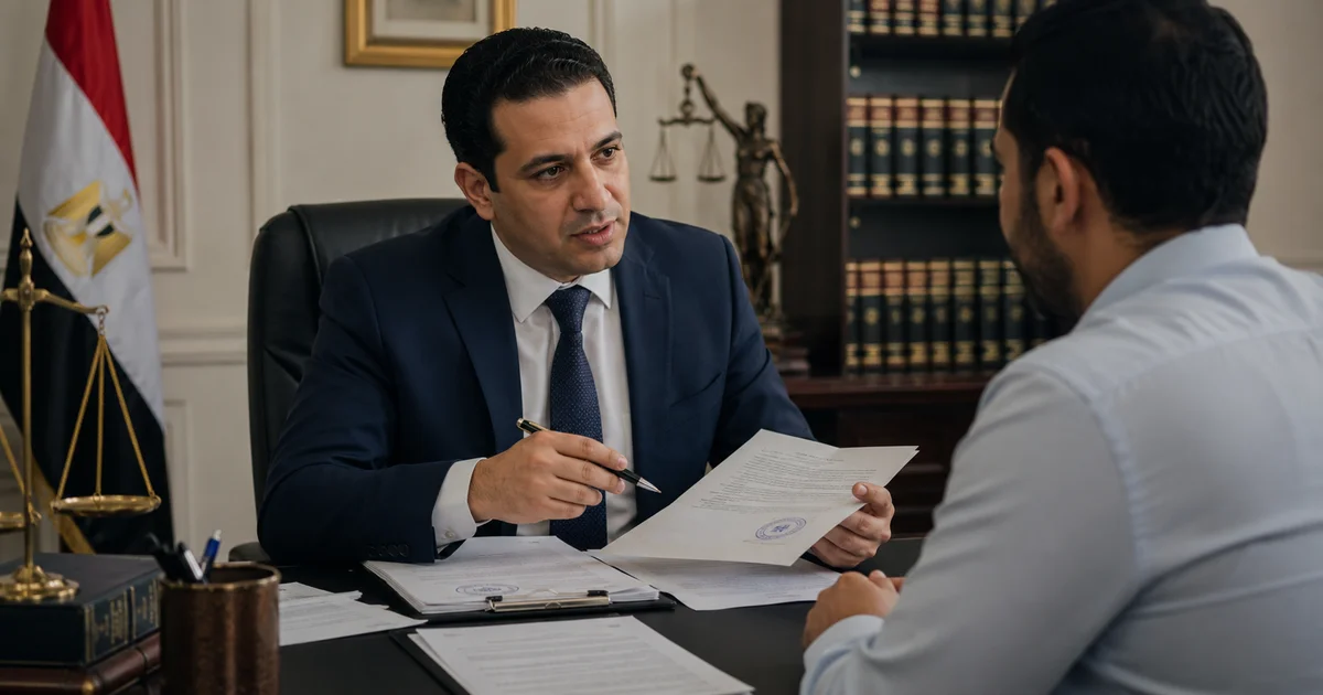 محامٍ يراجع مستندات تنفيذ كمبيالة مع عميل داخل مكتب قانوني في مصر.