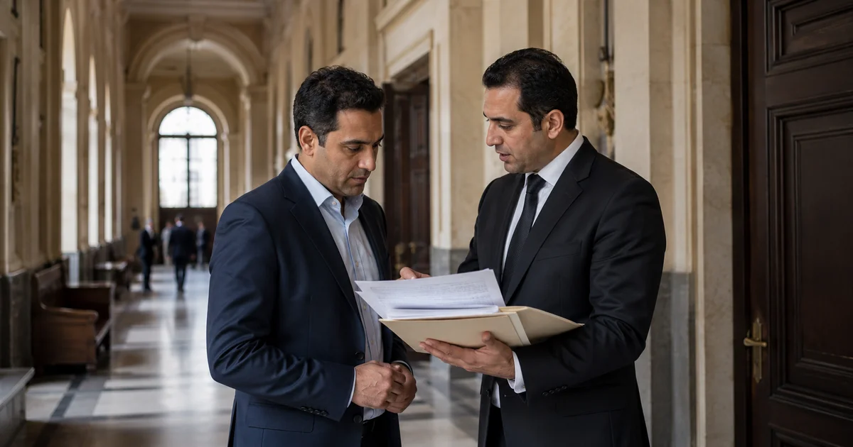 محامٍ يشرح إجراءات تنفيذ الكمبيالة لأحد العملاء داخل المحكمة في مصر.