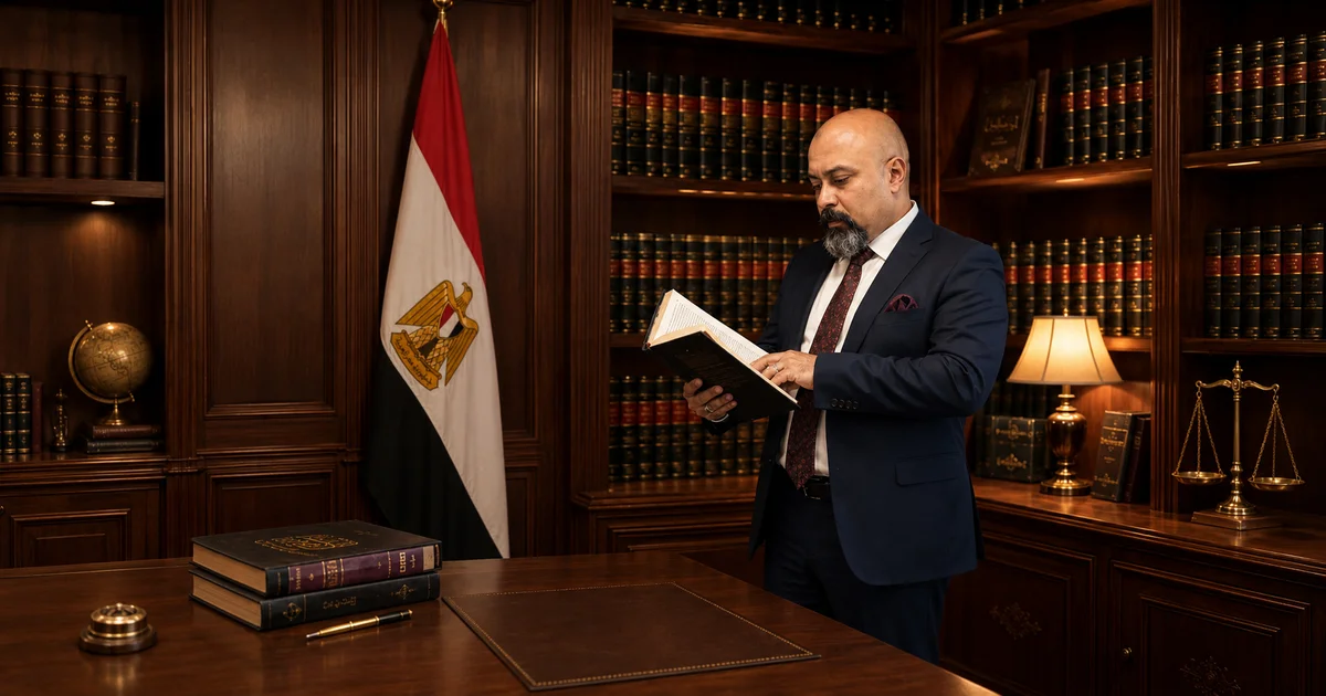 محامٍ مصري يراجع مرجعًا قانونيًا داخل مكتبه بجوار العلم المصري وميزان العدالة.