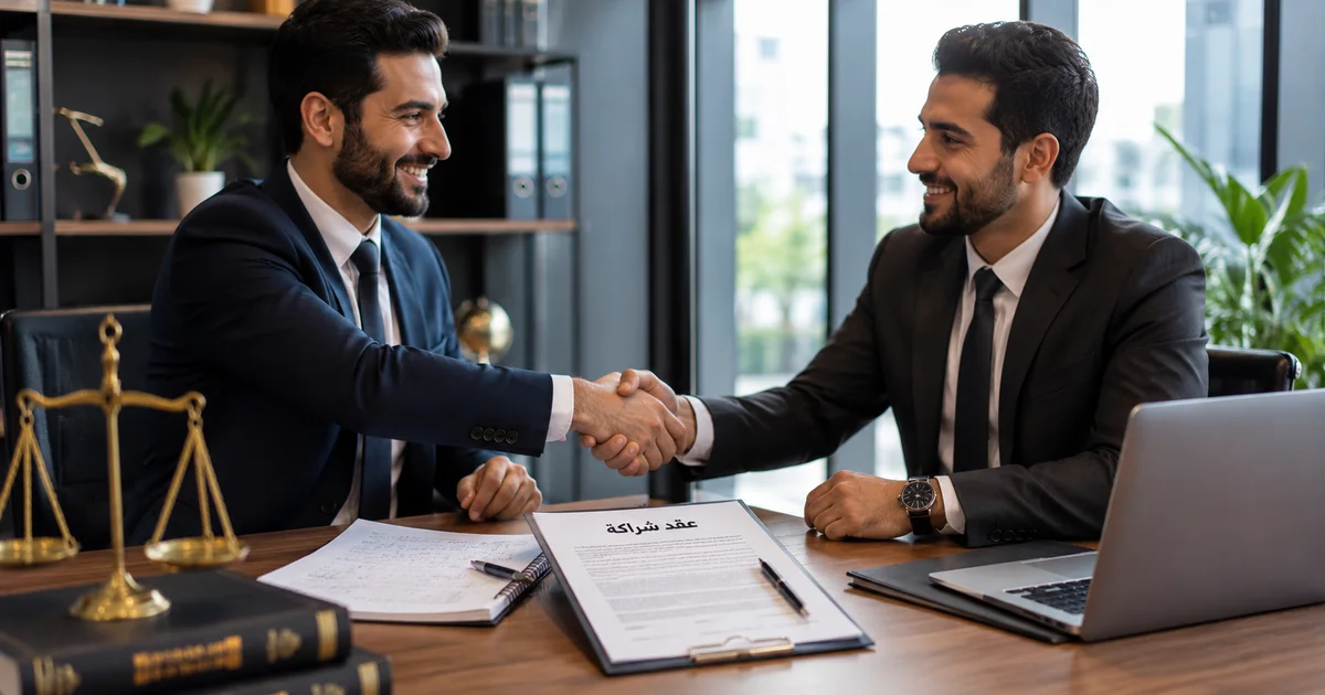 اتفاق شراكة بين شركاء بعد مراجعة بنود العقد وحماية الحقوق القانونية قبل بدء المشروع