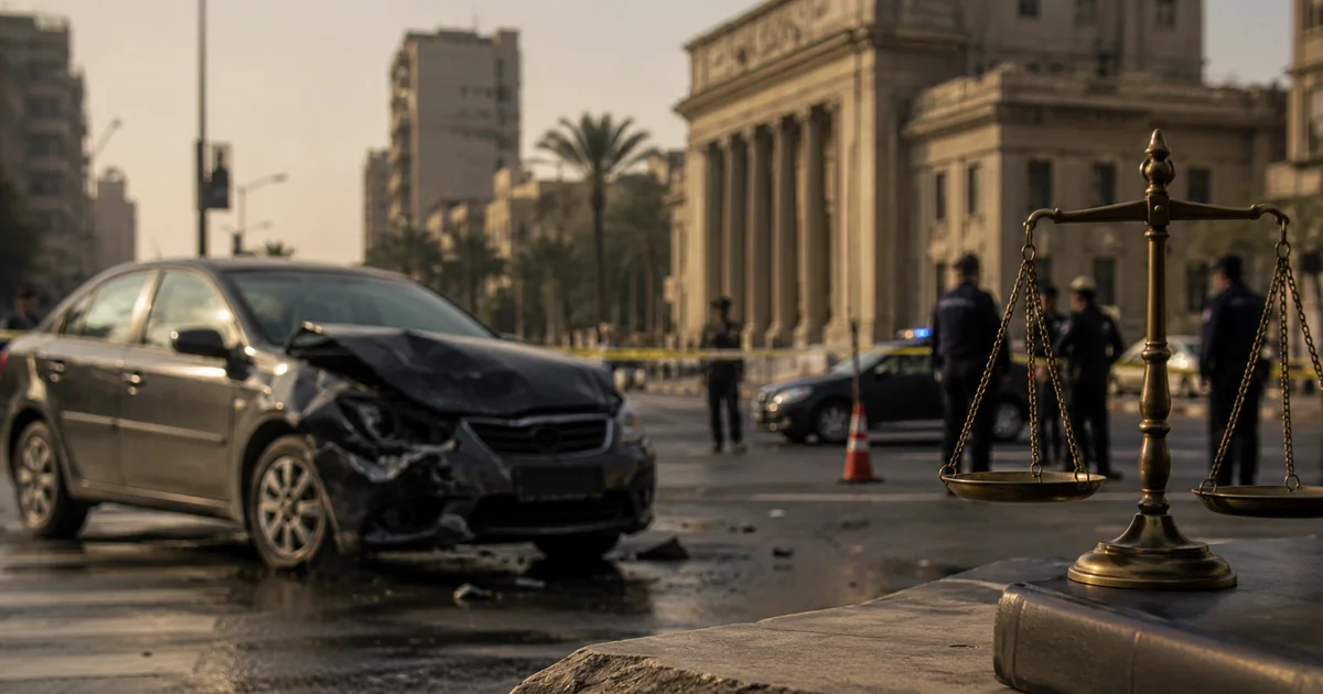 سيارة متضررة في موقع حادث مروري أمام المحكمة مع ميزان العدالة للدلالة على المسؤولية الجنائية عن القتل الخطأ.